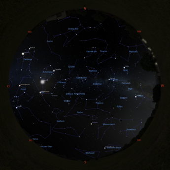Das Bild zeigt eine Sternkarte mit dem Sternenhimmel am 01.01.2026 um 18:00 Uhr. Das Bild zeigt eine Sternkarte mit dem Sternenhimmel am 01.01.2026 um 18:00 Uhr.