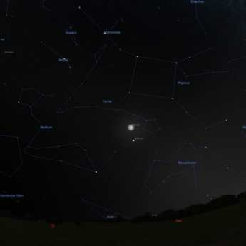 Das Bild zeigt eine Sternkarte mit der Konstellation von Saturn und Mond am 23.01.2026 um 18:00 Uhr. Jupiter und Mond stehen zu diesem Zeitpunkt sehr nah nebeneinander. Das Bild zeigt eine Sternkarte mit der Konstellation von Saturn und Mond am 23.01.2026 um 18:00 Uhr. Jupiter und Mond stehen zu diesem Zeitpunkt sehr nah nebeneinander.