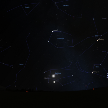 Das Bild zeigt eine Sternkarte mit der Konstellation von Jupiter und Mond am 03.01.2026 um 18:00 Uhr. Jupiter und Mond stehen zu diesem Zeitpunkt sehr nah nebeneinander. Das Bild zeigt eine Sternkarte mit der Konstellation von Jupiter und Mond am 03.01.2026 um 18:00 Uhr. Jupiter und Mond stehen zu diesem Zeitpunkt sehr nah nebeneinander.