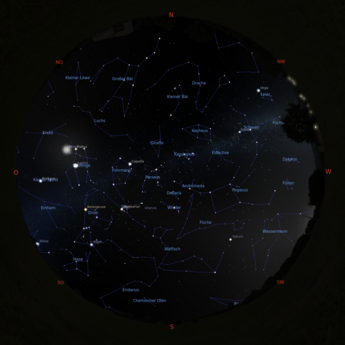 Das Bild zeigt eine Sternkarte mit dem Sternenhimmel am 31.01.2026 um 18:00 Uhr. Das Bild zeigt eine Sternkarte mit dem Sternenhimmel am 31.01.2026 um 18:00 Uhr.